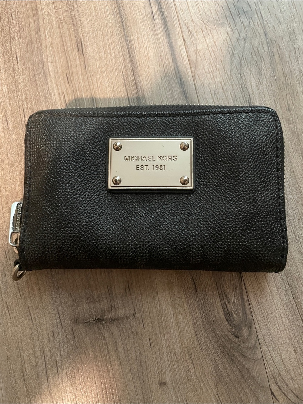 Michael Kors Black Leather Zip-Around Card Wallet with Silver Plaque